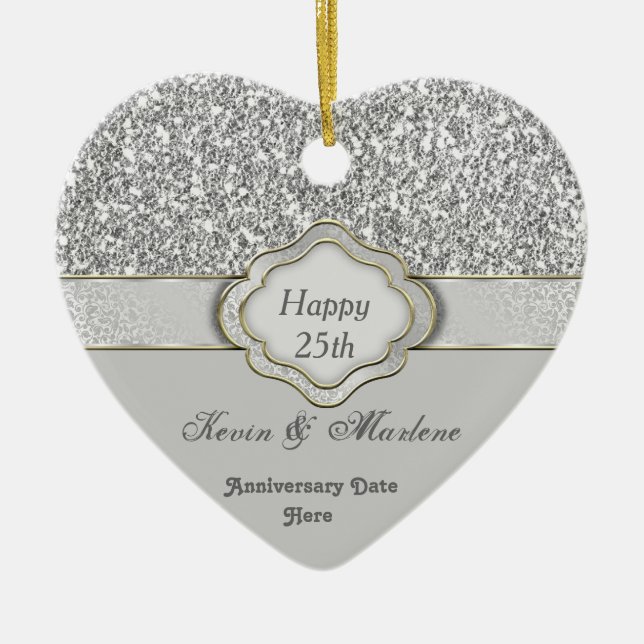 Ornement Cœur En Céramique BLING Silver PERSONNALISÉ 25e ANNIVERSAIRE CADEAU  (Devant)