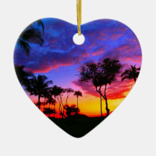 Ornement Cœur En Céramique Blue Red Sunset Exotic Hawaiian Beach Palm Trees