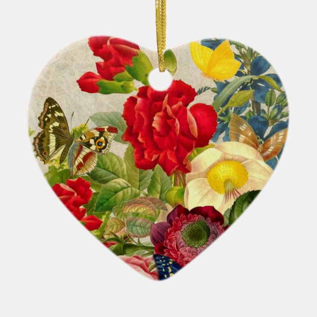 Ornement Cœur En Céramique Bouquet de fleurs vintages aux papillons (Devant)