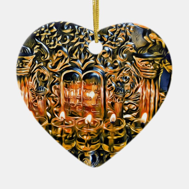 Ornement Cœur En Céramique Chanukah Menorah avec des lumières d'huile (Devant)