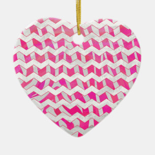 Ornement Cœur En Céramique Chaud rose et blanc Chevron Zebra