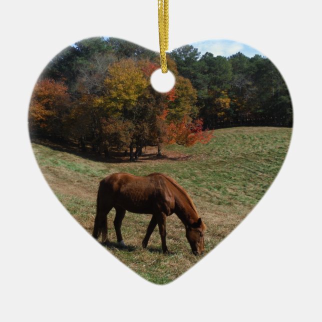 Ornement Cœur En Céramique Cheval Brown avec arbres à automne (Devant)