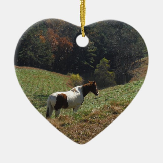Ornement Cœur En Céramique Cheval Brown et blanc à l'étang d'automne (Devant)