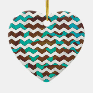 Ornement Cœur En Céramique Chevron Cow Impression Brown et Turquoise