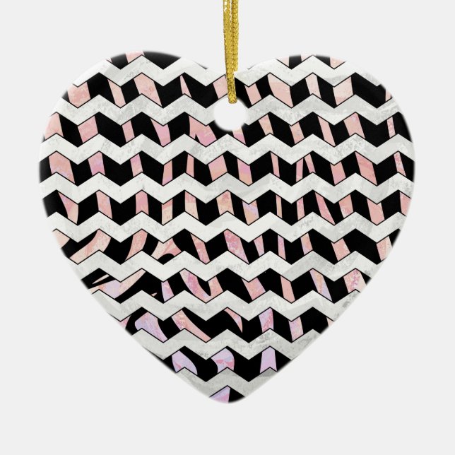Ornement Cœur En Céramique Chevron noir et rose Zebra (Devant)