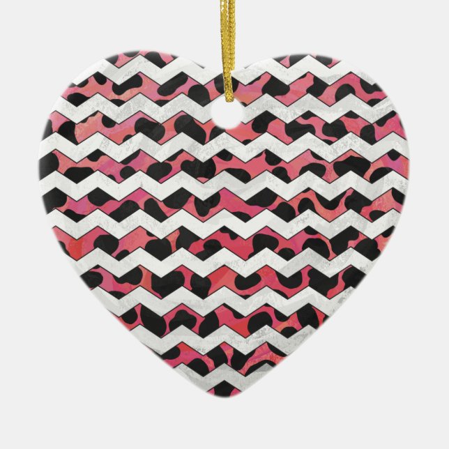 Ornement Cœur En Céramique Chevron Vache rose et noir (Devant)