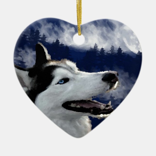 Ornement Cœur En Céramique Chien de traîneau d'Alaska (Devant)