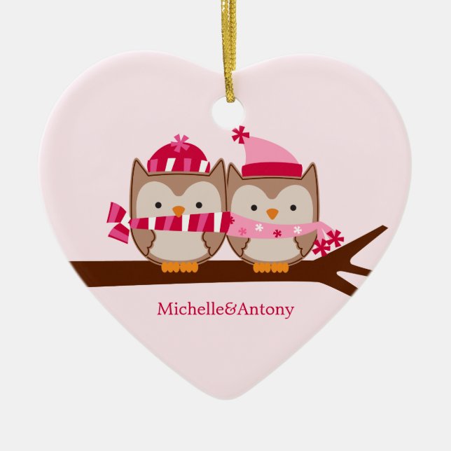 Ornement Cœur En Céramique Chouettes de la Saint-Valentin (Devant)
