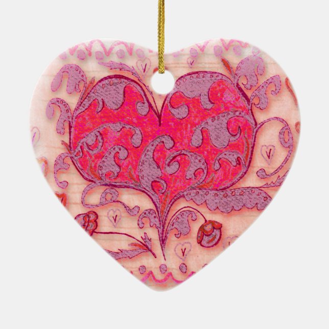 Ornement Cœur En Céramique Coeur d'art populaire avec feuilles et fleurs (Dos)