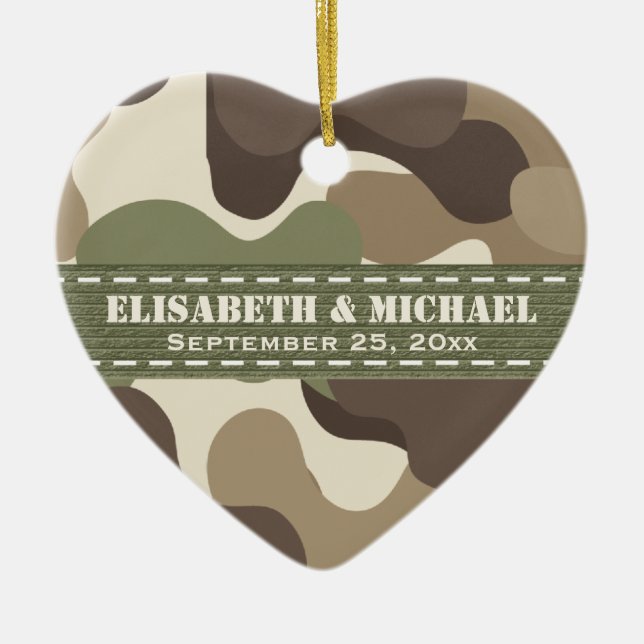 Ornement Cœur En Céramique Coeur de camouflage personnalisé épousant (Devant)