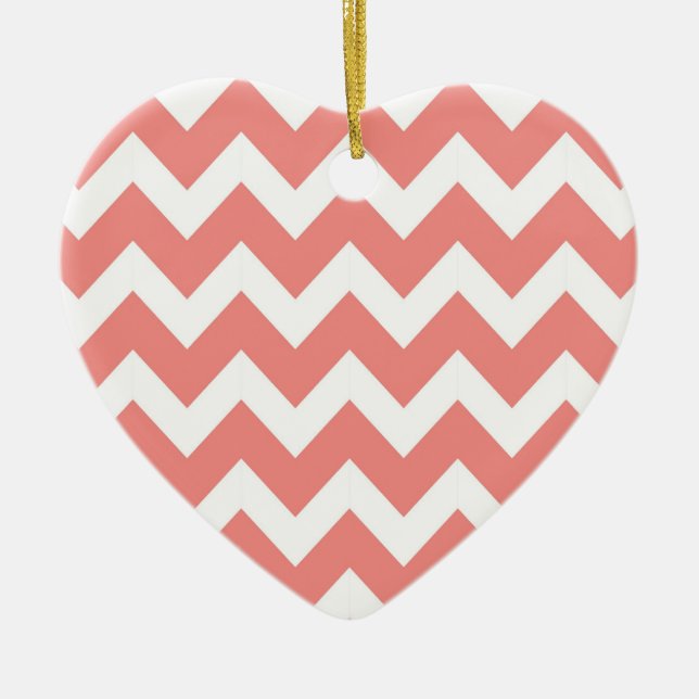 Ornement Cœur En Céramique Corail et blanc Chevron (Devant)