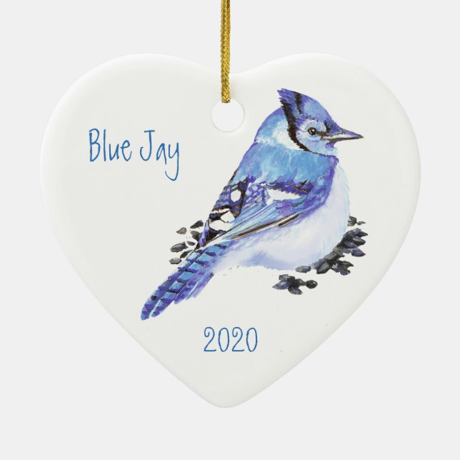 Ornement Cœur En Céramique Couleur d'aquarelle personnalisée Bleu Jay (Dos)
