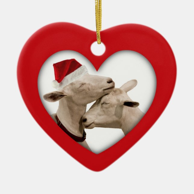 Ornement Cœur En Céramique Couples mignons de chèvre de Noël (Devant)