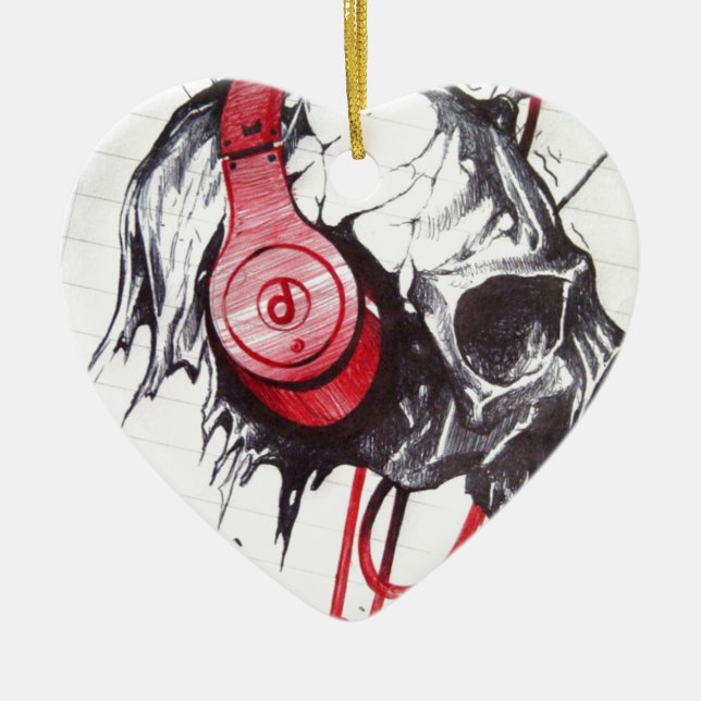 Ornement Cœur En Céramique Crâne avec conception casque (Devant)