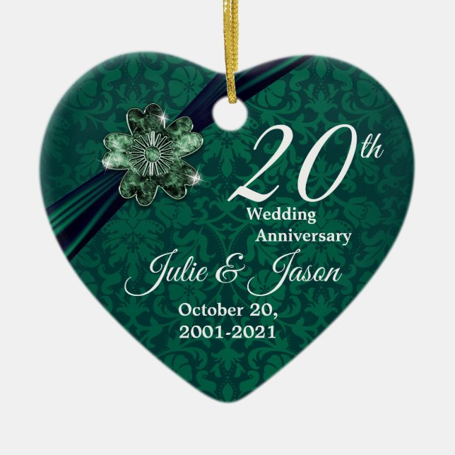 Ornement Cœur En Céramique Custom - Classy 20th Emerald Mariage Anniversaire (Devant)