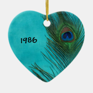 Ornement Cœur En Céramique Deux Plumes Aqua Peacock