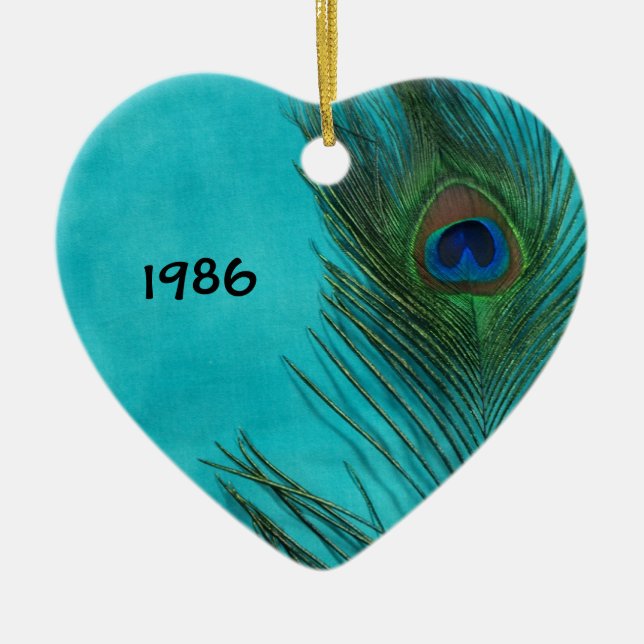 Ornement Cœur En Céramique Deux Plumes Aqua Peacock (Devant)