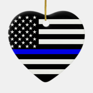 Ornement Cœur En Céramique Drapeau USA Noir et blanc Ligne Bleue fine