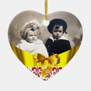 ORNEMENT CŒUR EN CÉRAMIQUE ÉLÉGANT MODÈLE PHOTO BLANC ROUGE DAMASK RIBBON