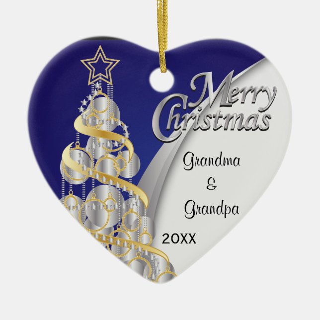Ornement Cœur En Céramique Élégant Noël bleu et argent | PERSONNALISER (Devant)