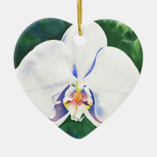 Ornement Cœur En Céramique Elégante peinture d'orchidée blanche (Devant)
