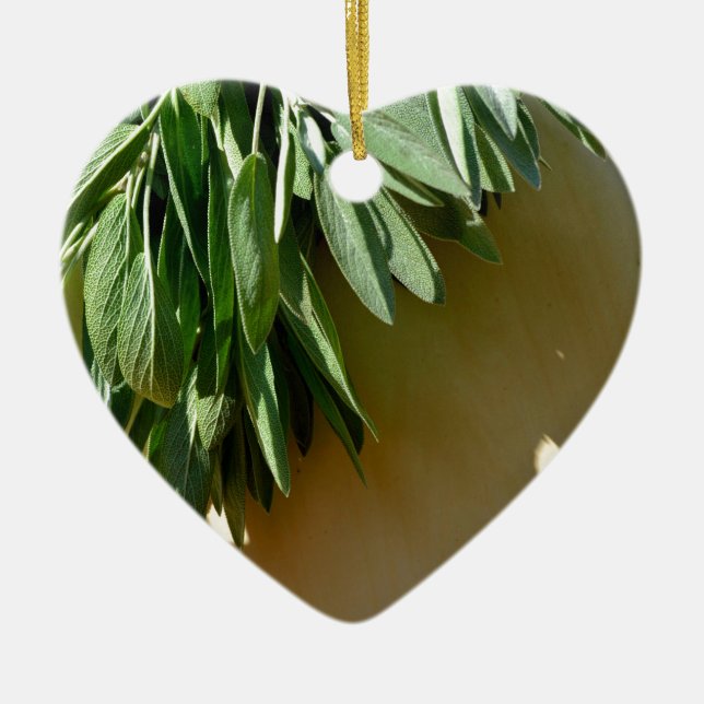 Ornement Cœur En Céramique Elégante plante verte feuille sauge (Devant)