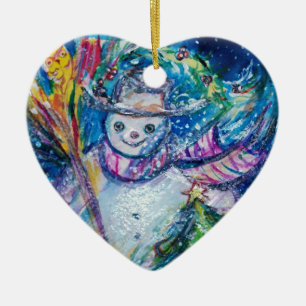 ORNEMENT CŒUR EN CÉRAMIQUE FEMME DE NEIGE AVEC ARBRE DE NOËL ET JOUETS