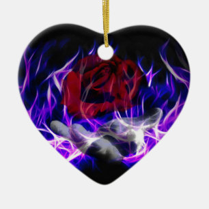 Ornement Cœur En Céramique Flamme violette rose et main de dieux