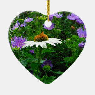 Ornement Cœur En Céramique Fleur de cône blanc, fleurs pourpres et papillon
