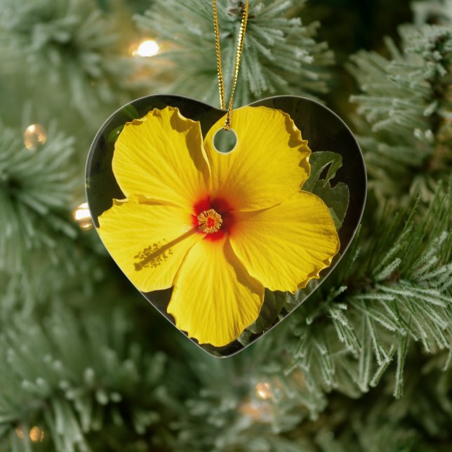 Ornement Cœur En Céramique Fleur d'Hibiscus jaune (Arbre)