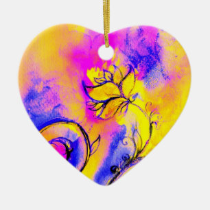 Ornement Cœur En Céramique FLEURS BLANCHES rose jaune violet, bleu