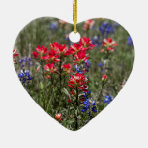 Ornement Cœur En Céramique Fleurs sauvages de pinceau indien et de Bluebonnet