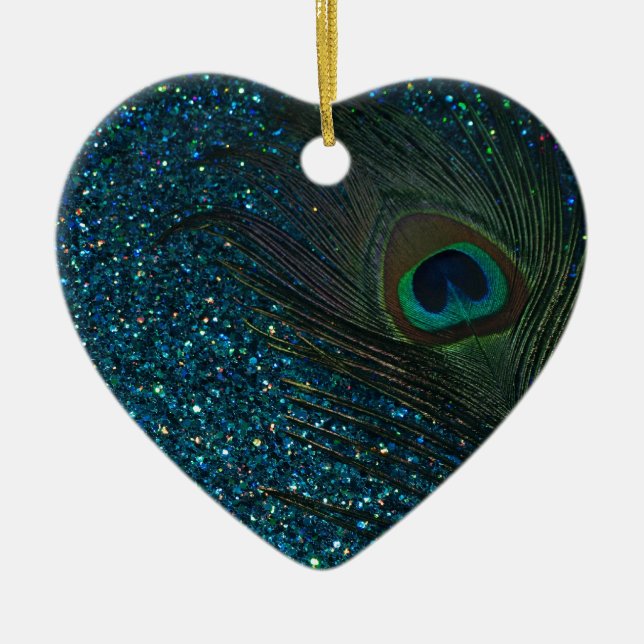 Ornement Cœur En Céramique Glitter Aqua Peacock (Devant)