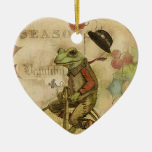 Ornement Cœur En Céramique Grenouille vintage de Joyeux Noël sur des