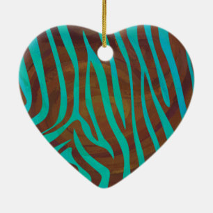 Ornement Cœur En Céramique Impression Brown et Turquoise Zebra
