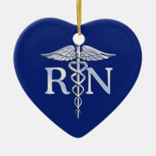 Ornement Cœur En Céramique Infirmière inscrite RN Silver Caduceus Navy Blue D