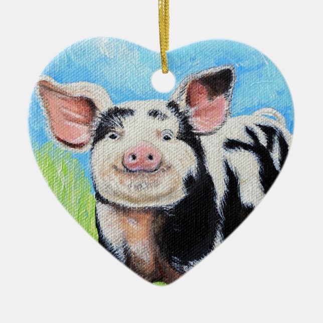 Ornement Cœur En Céramique Joyeuse peinture de petit cochon (Devant)