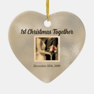 Ornement Cœur En Céramique Juste marié 1ère photo Vintage de Noël
