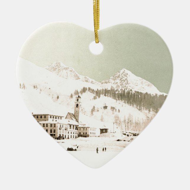 Ornement Cœur En Céramique La Suisse en hiver (Devant)