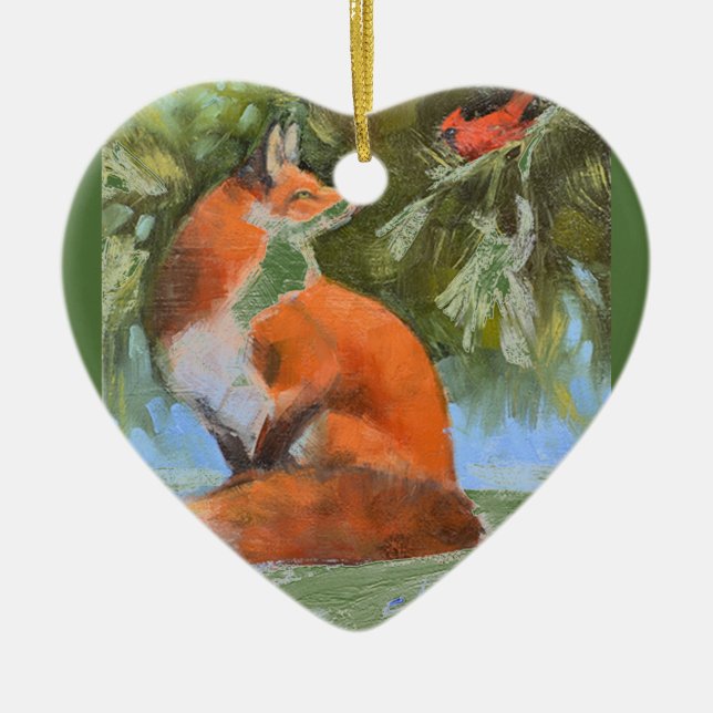 Ornement Cœur En Céramique Le Fox et le cardinal (Devant)