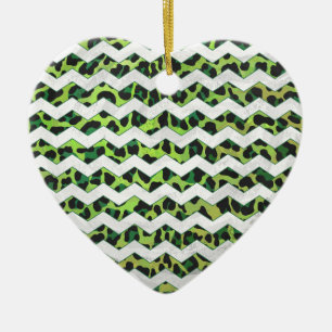 Ornement Cœur En Céramique Leopard Chevron noir et vert