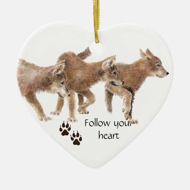 Ornement Cœur En Céramique Les Loups mignons Suivez Votre Citation Motivation (Devant)