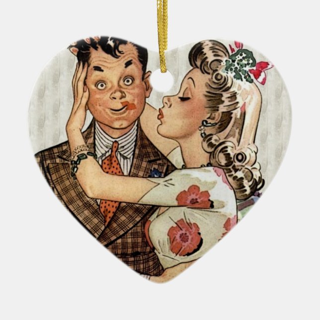 Ornement Cœur En Céramique Les rétros années 1940 embrassant des couples (Devant)