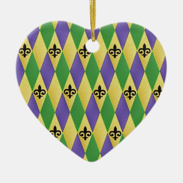 Ornement Cœur En Céramique Mardi Gras Arlequin Fleur De Lis (Devant)