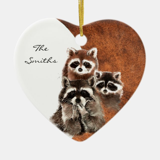 Ornement Cœur En Céramique Monogramme familial personnalisé, animal raccoon (Devant)