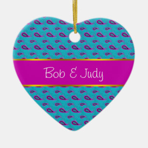 Ornement Cœur En Céramique Motif Peacock et Magenta Paisley