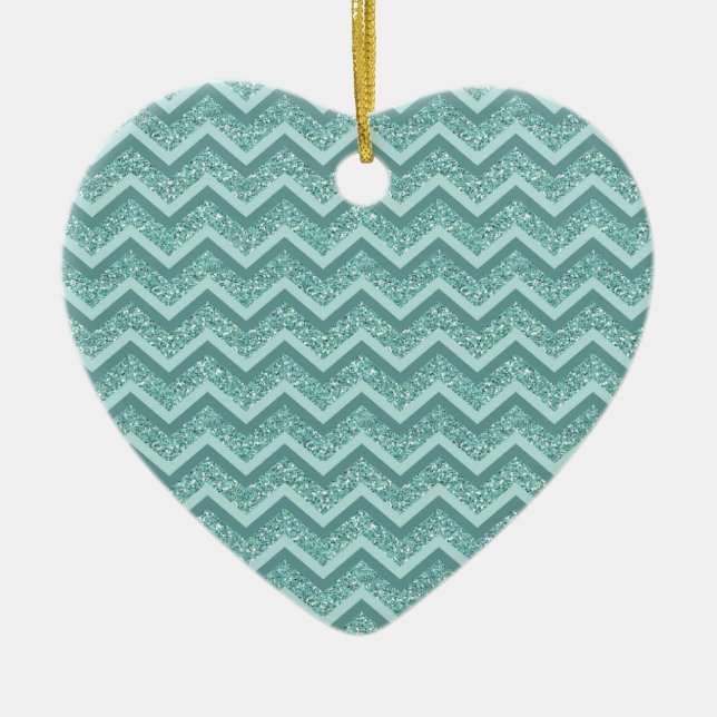 Ornement Cœur En Céramique Motif ZigZag Parties scintillant Turquoise (Devant)