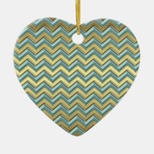 Ornement Cœur En Céramique Or et Turquoise Motif Chevron