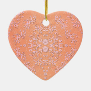 Ornement Cœur En Céramique Peachy Orange et rose pâle Damask