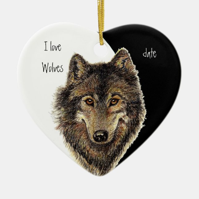 Ornement Cœur En Céramique Personnalisé Dated J'aime Loups, Aquarelle Animal (Devant)